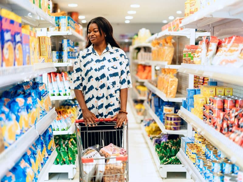 Shopper choosing groceries in a Lagos supermarket aisle